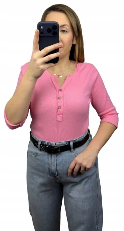 Klasyczna różowa róż bluzka damska prążkowana guziki bawełna Michelle- BASIC RIB