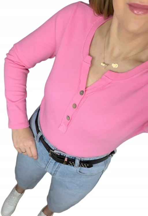 Klasyczna różowa róż bluzka damska prążkowana guziki bawełna Michelle- BASIC RIB