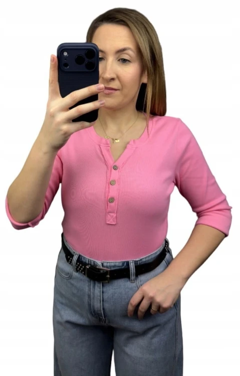 Klasyczna różowa róż bluzka damska prążkowana guziki bawełna Michelle- BASIC RIB