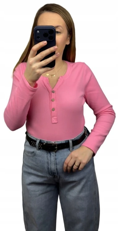 Klasyczna różowa róż bluzka damska prążkowana guziki bawełna Michelle- BASIC RIB