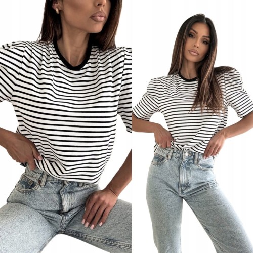 Klasyczny t-shirt poduszki w paski czarny biały bufki bawełna XS S M