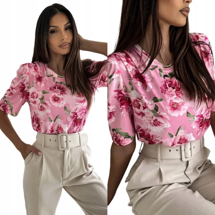 Klasyczny t-shirt różowy poduszki kwiaty kwiatki bufki wiskoza XS S M