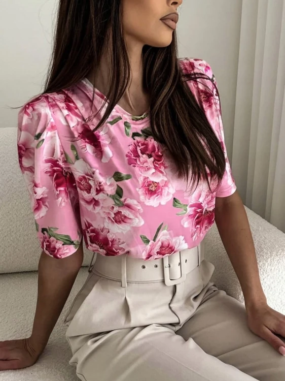 Klasyczny t-shirt różowy poduszki kwiaty kwiatki bufki wiskoza XS S M