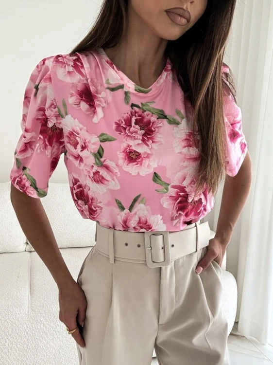 Klasyczny t-shirt różowy poduszki kwiaty kwiatki bufki wiskoza XS S M