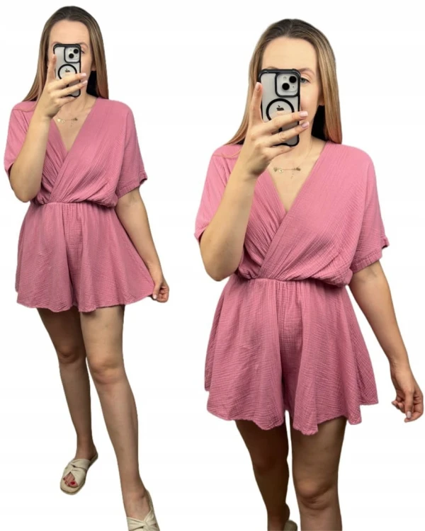 Kombinezon różowy krótki muślinowy kopertowy dekolt bawełniany Sweetissima