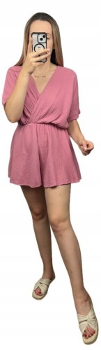 Kombinezon różowy krótki muślinowy kopertowy dekolt bawełniany Sweetissima