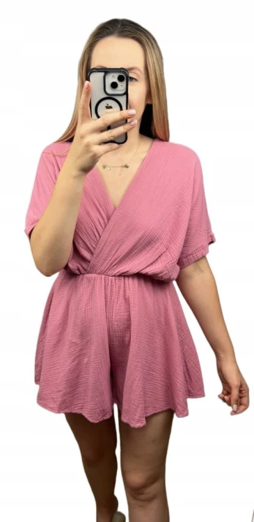 Kombinezon różowy krótki muślinowy kopertowy dekolt bawełniany Sweetissima