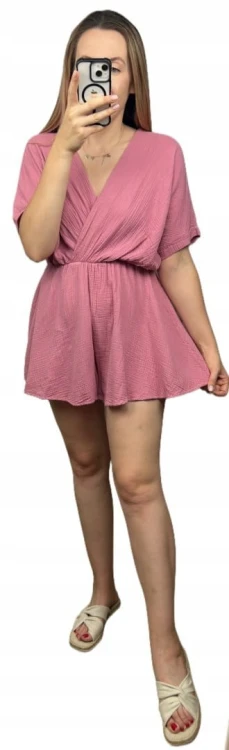 Kombinezon różowy krótki muślinowy kopertowy dekolt bawełniany Sweetissima