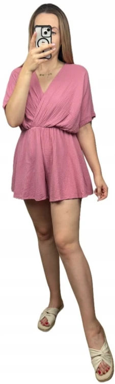 Kombinezon różowy krótki muślinowy kopertowy dekolt bawełniany Sweetissima