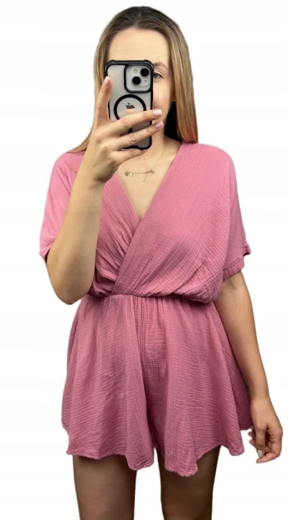 Kombinezon różowy krótki muślinowy kopertowy dekolt bawełniany Sweetissima