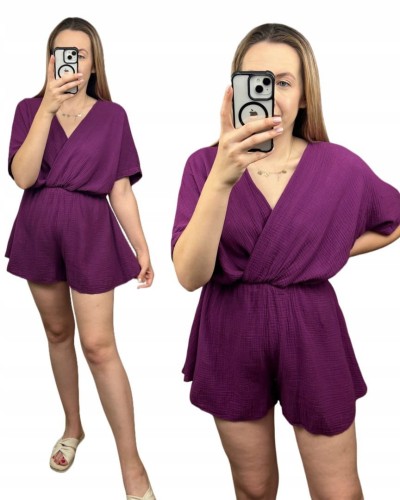 Kombinezon śliwka krótki muślinowy kopertowy dekolt bawełniany Sweetissima