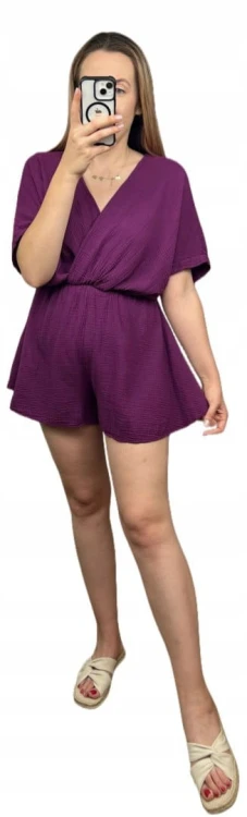 Kombinezon śliwka krótki muślinowy kopertowy dekolt bawełniany Sweetissima