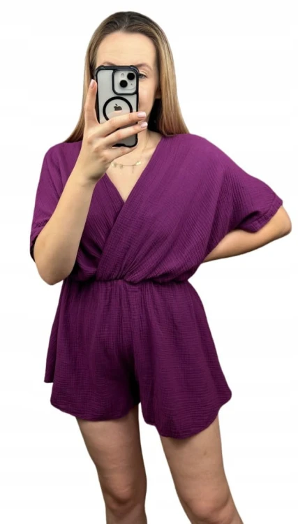 Kombinezon śliwka krótki muślinowy kopertowy dekolt bawełniany Sweetissima