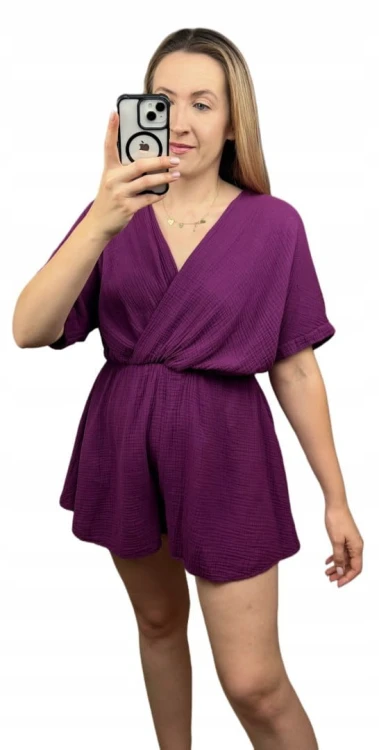 Kombinezon śliwka krótki muślinowy kopertowy dekolt bawełniany Sweetissima