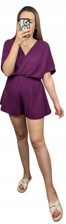 Kombinezon śliwka krótki muślinowy kopertowy dekolt bawełniany Sweetissima