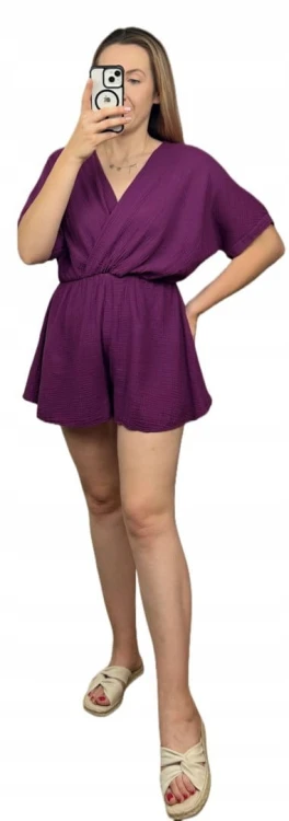 Kombinezon śliwka krótki muślinowy kopertowy dekolt bawełniany Sweetissima