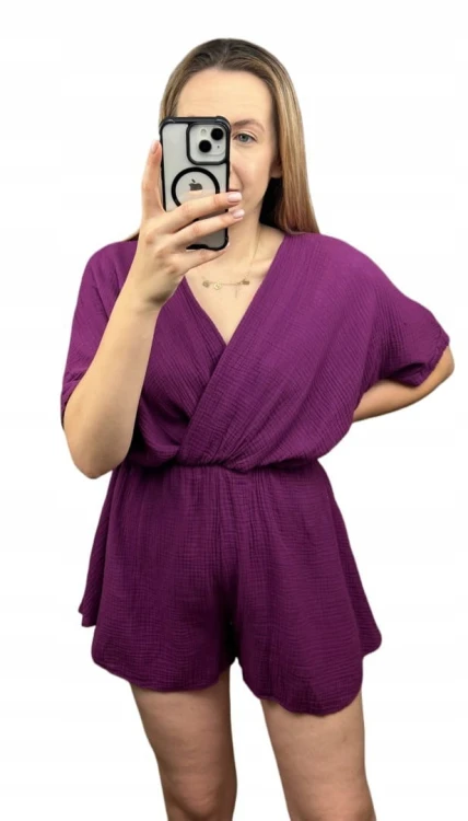 Kombinezon śliwka krótki muślinowy kopertowy dekolt bawełniany Sweetissima