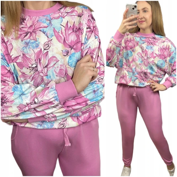 Komplet dresowy w kwiaty oversize bluza luźna spodnie wiosna The Fancy S/M