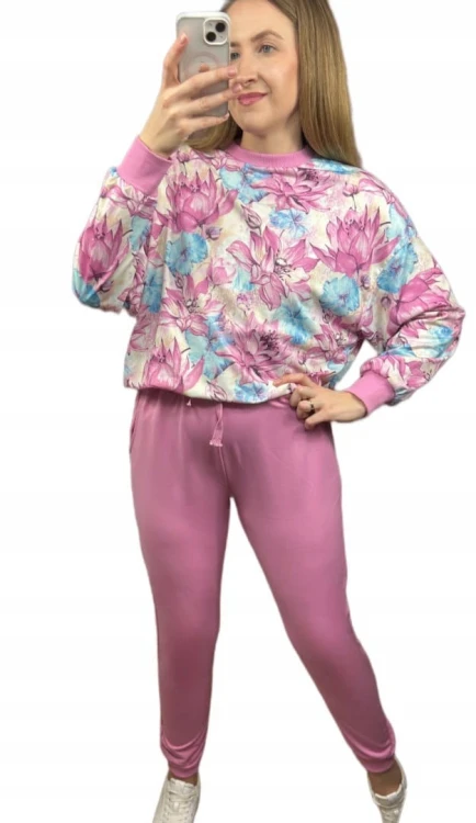 Komplet dresowy w kwiaty oversize bluza luźna spodnie wiosna The Fancy S/M