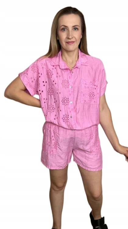 Komplet lniany wiskozowy koszula spodenki szorty oversize len wiskoza S M L
