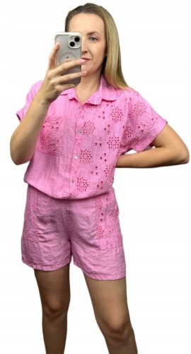 Komplet lniany wiskozowy koszula spodenki szorty oversize len wiskoza S M L