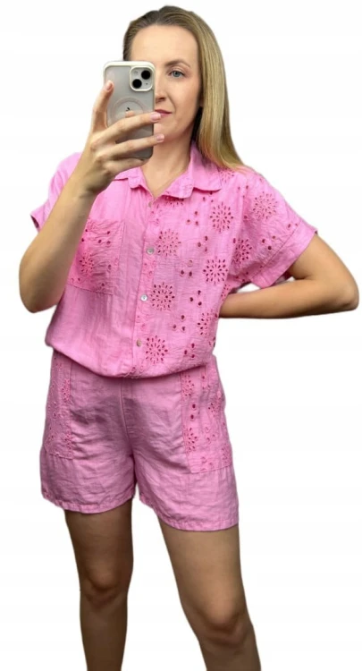 Komplet lniany wiskozowy koszula spodenki szorty oversize len wiskoza S M L