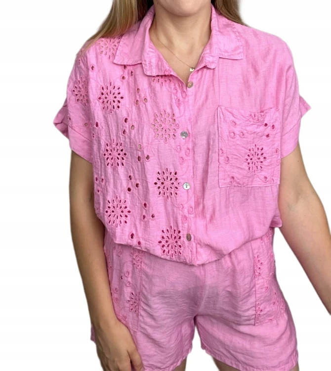 Komplet lniany wiskozowy koszula spodenki szorty oversize len wiskoza S M L