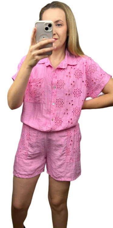 Komplet lniany wiskozowy koszula spodenki szorty oversize len wiskoza S M L