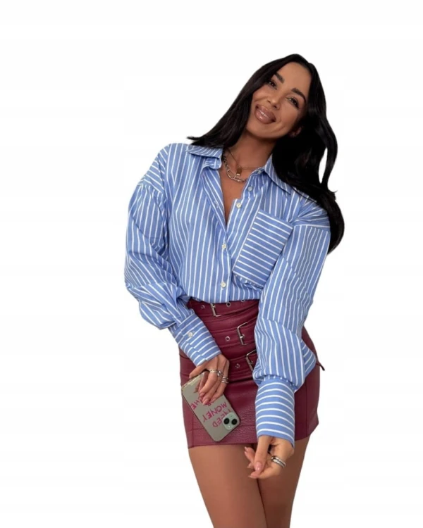 Koszula bawełniana w paski niebieska oversize luźna kieszeń La Milla