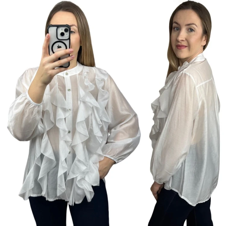 Koszula mgiełka biała efektowne falbany ze stójką lyocell Zeta Otto- RUBINA