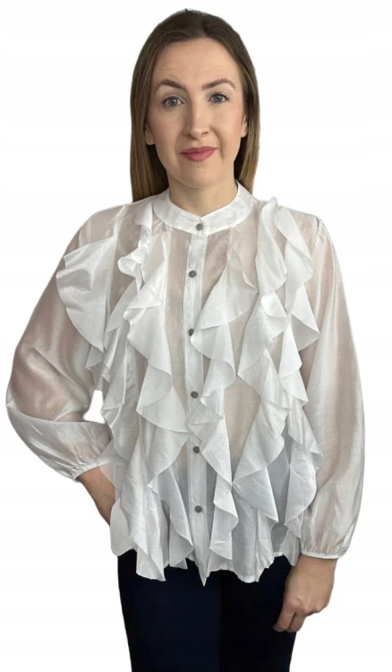 Koszula mgiełka biała efektowne falbany ze stójką lyocell Zeta Otto- RUBINA