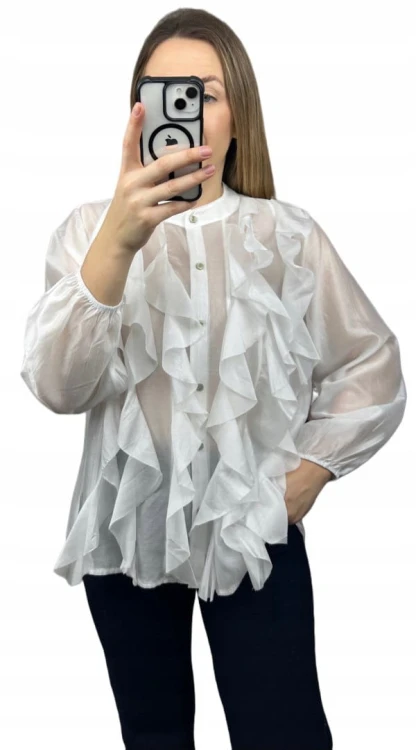 Koszula mgiełka biała efektowne falbany ze stójką lyocell Zeta Otto- RUBINA