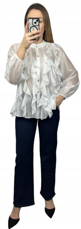 Koszula mgiełka biała efektowne falbany ze stójką lyocell Zeta Otto- RUBINA