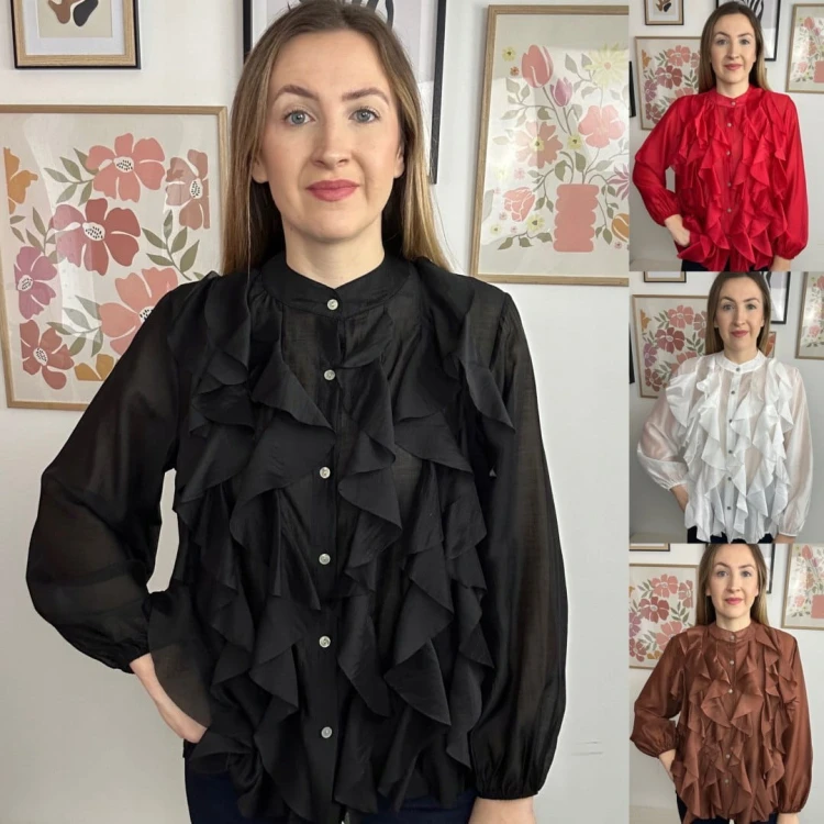 Koszula mgiełka biała efektowne falbany ze stójką lyocell Zeta Otto- RUBINA