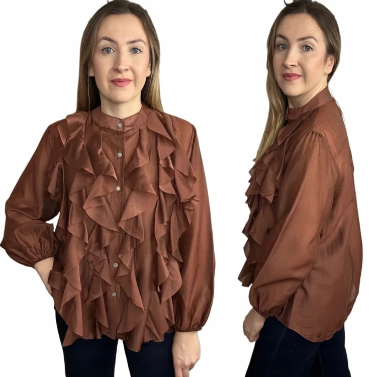 Koszula mgiełka brązowa efektowne falbany ze stójką lyocell Zeta Otto- RUBINA