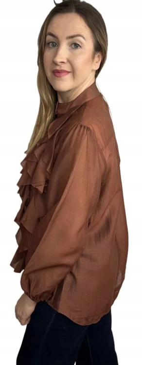 Koszula mgiełka brązowa efektowne falbany ze stójką lyocell Zeta Otto- RUBINA