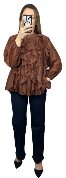 Koszula mgiełka brązowa efektowne falbany ze stójką lyocell Zeta Otto- RUBINA