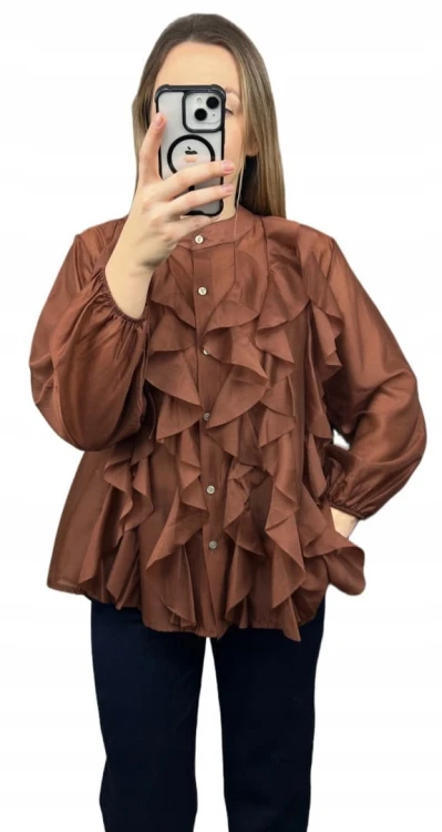 Koszula mgiełka brązowa efektowne falbany ze stójką lyocell Zeta Otto- RUBINA