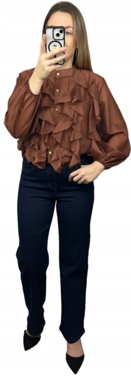 Koszula mgiełka brązowa efektowne falbany ze stójką lyocell Zeta Otto- RUBINA