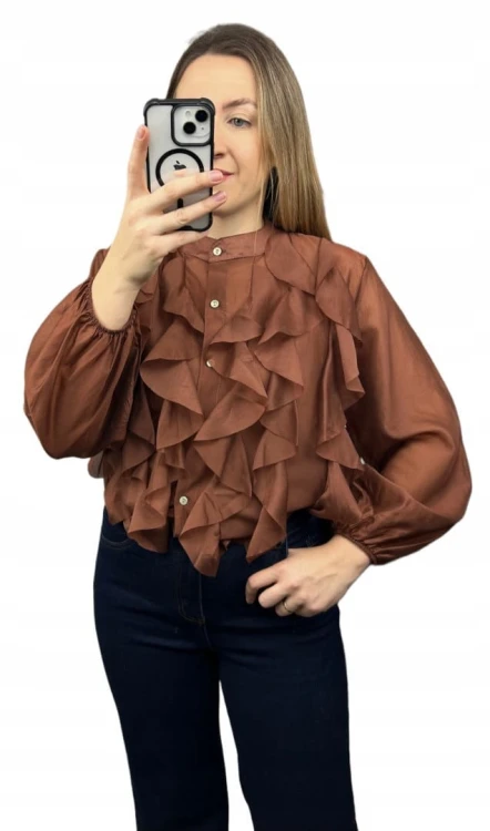 Koszula mgiełka brązowa efektowne falbany ze stójką lyocell Zeta Otto- RUBINA