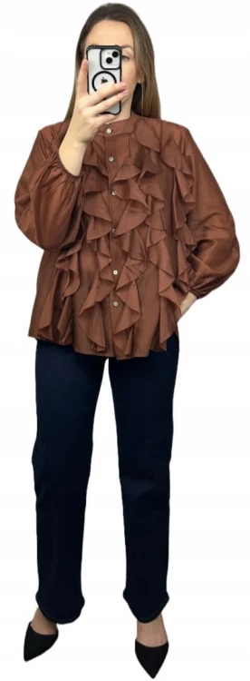 Koszula mgiełka brązowa efektowne falbany ze stójką lyocell Zeta Otto- RUBINA