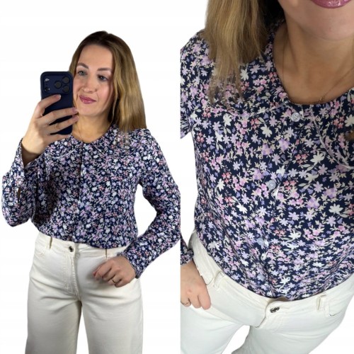 Koszula z kołnierzykiem w kwiaty 100% wiskoza granatowa New Collection- FLORELLA