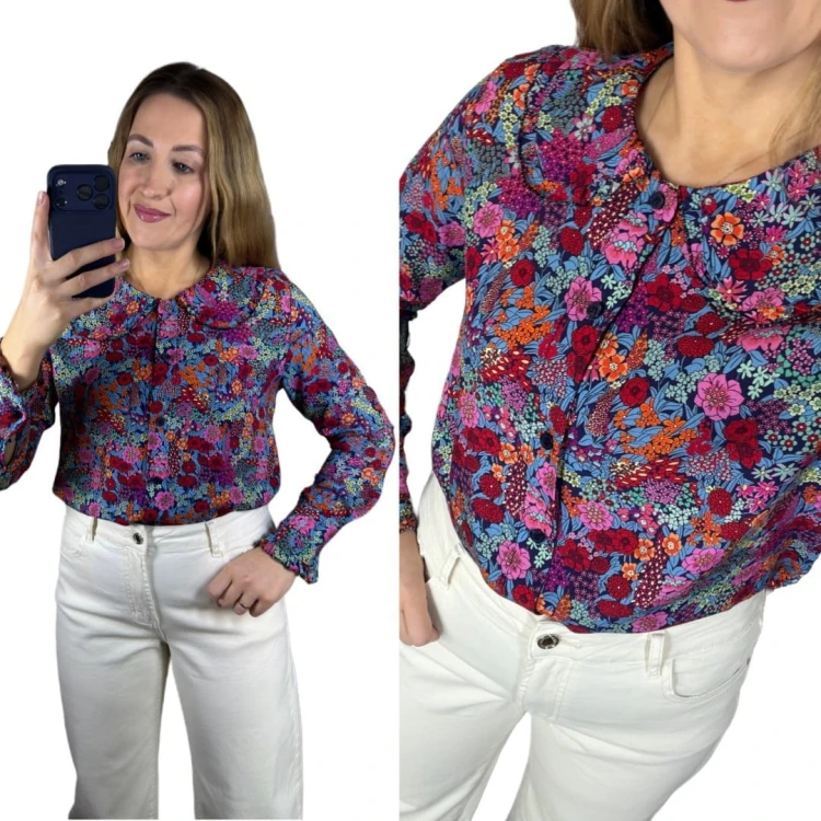 Koszula z kołnierzykiem w kwiaty 100% wiskoza wielokolorowa New Collection- FLORELLA