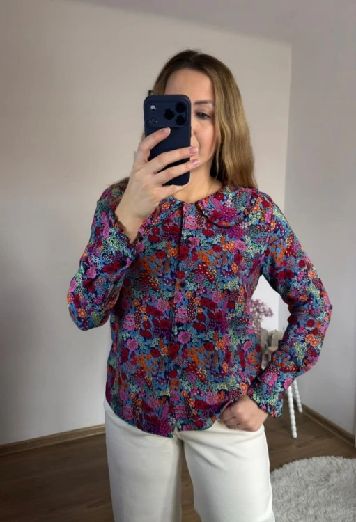 Koszula z kołnierzykiem w kwiaty 100% wiskoza wielokolorowa New Collection- FLORELLA