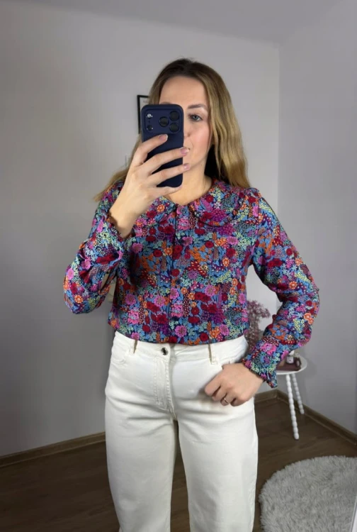 Koszula z kołnierzykiem w kwiaty 100% wiskoza wielokolorowa New Collection- FLORELLA