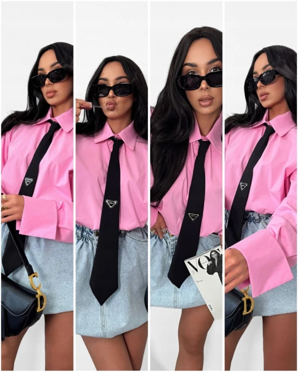 Koszula z krawatem oversize różowa czarny krawat bawełniana La Milla