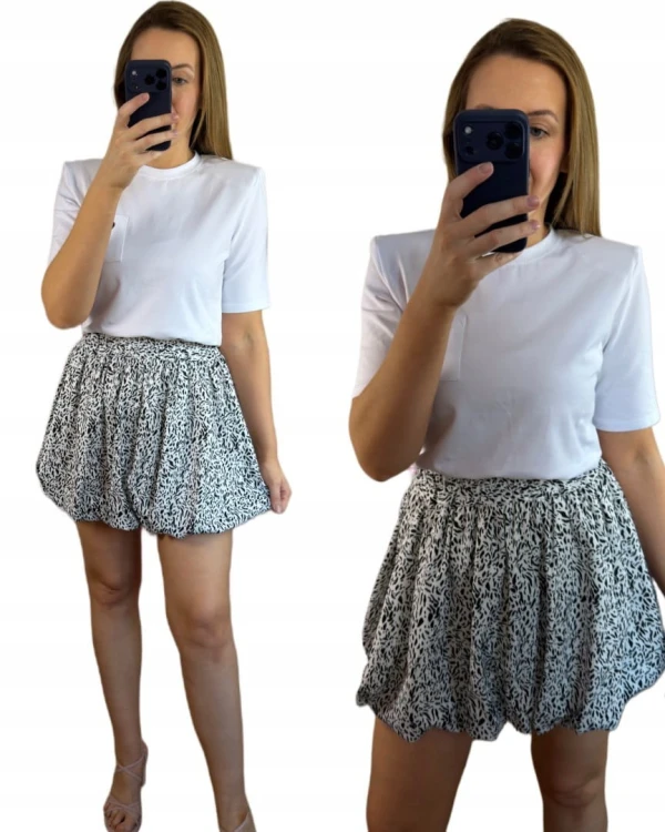 Krótka spódnica bombka wzorzysta luźna w czarna biała