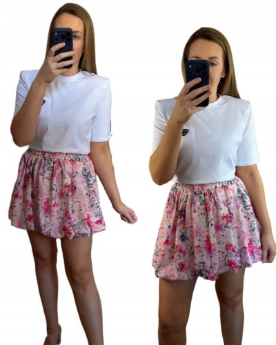 Krótka spódnica bombka wzorzysta luźna w różowe kwiaty kwiatki