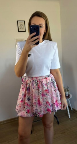 Krótka spódnica bombka wzorzysta luźna w różowe kwiaty kwiatki