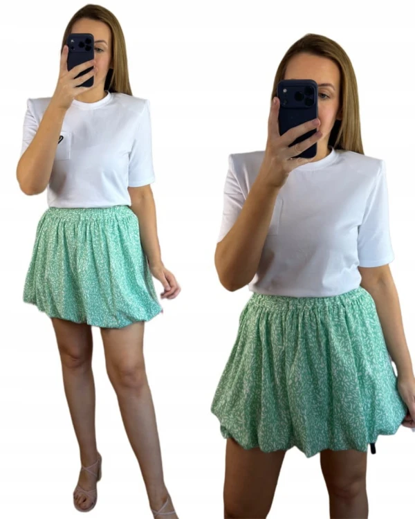 Krótka spódnica bombka wzorzysta luźna w zielona biała